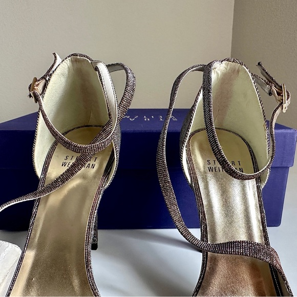 ✨STUART WEITZMAN Vixen Glitter Metallic Woven Strappy Sandals Pyrite Size 6.5 - Picture 14 of 16